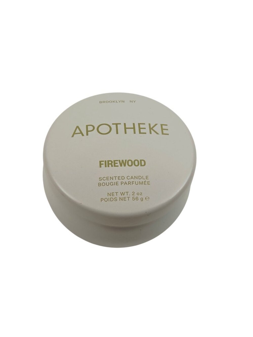 Apotheke Mini Tin Candle Firewood Scent 2oz White Tin 15 Hour Burn Time